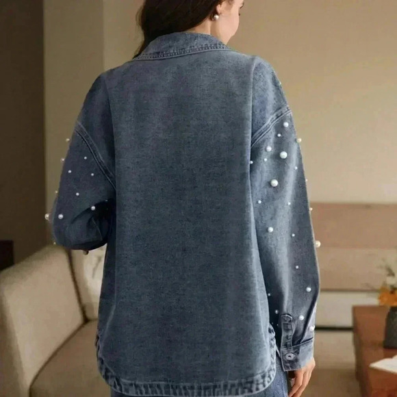 Blue Casual Women's Pearl and Rhinestone Decorated Button-Up Long Denim Blouse - Picture 2 of 7